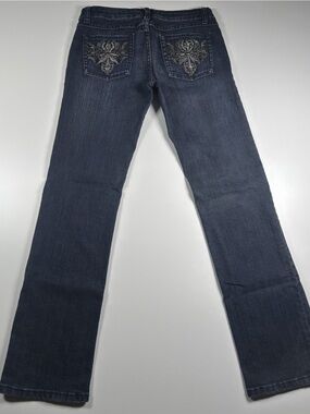 Seductions Women’s Dark Wash Embroidered bedazzled Back-Pocket Jeans